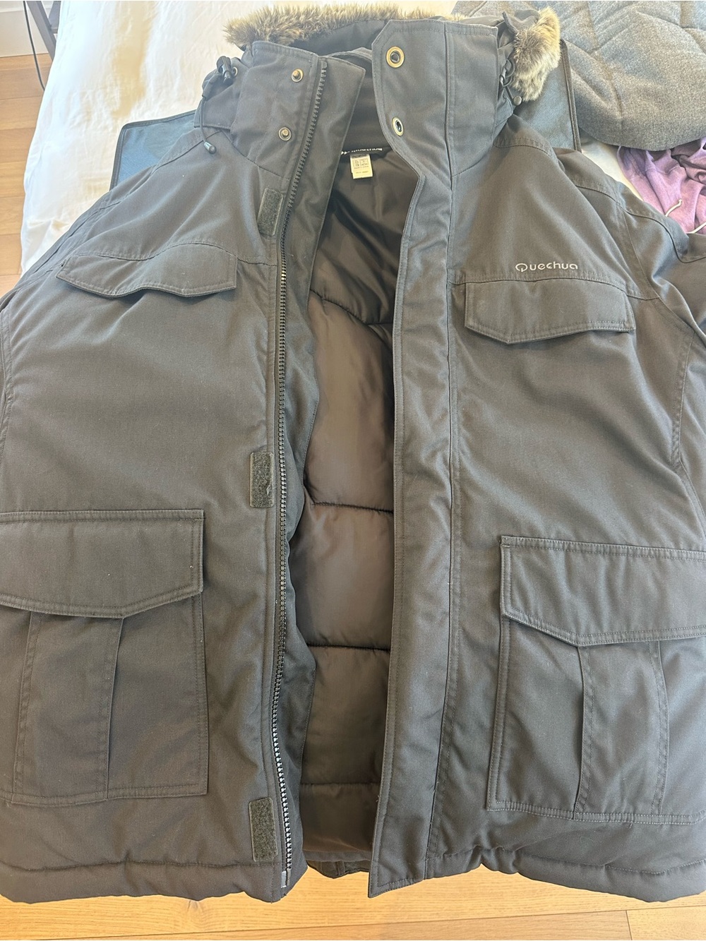 Quechua Men's Black Parka with Faux-Fur Hood